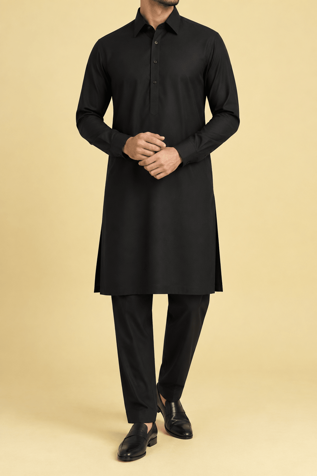 Man wearing a midnight black formal kurta pajama with sharp collar by HOUSE of KAZI