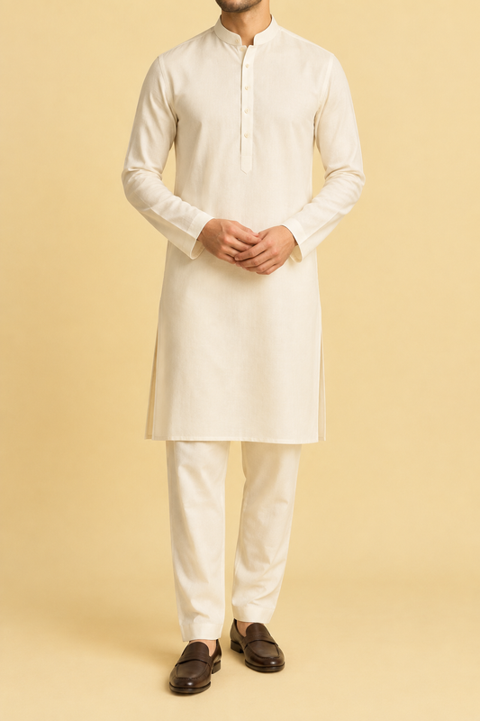 Man wearing a classic ivory cotton kurta pajama with band collar by HOUSE of KAZI
