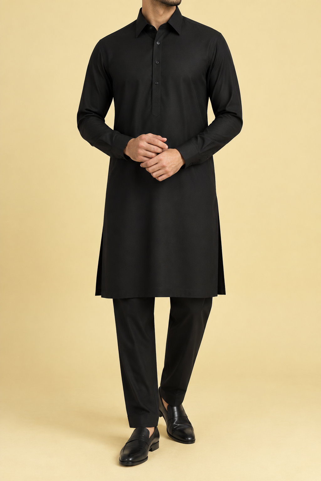 Man wearing a midnight black formal kurta pajama with sharp collar by HOUSE of KAZI