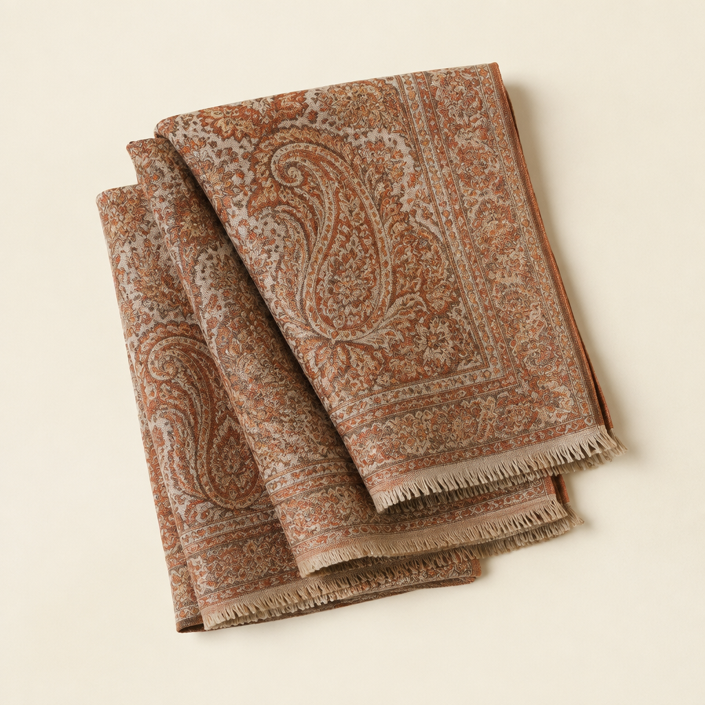Folded men's jamawar paisley shawl in rust and cream by HOUSE of KAZI
