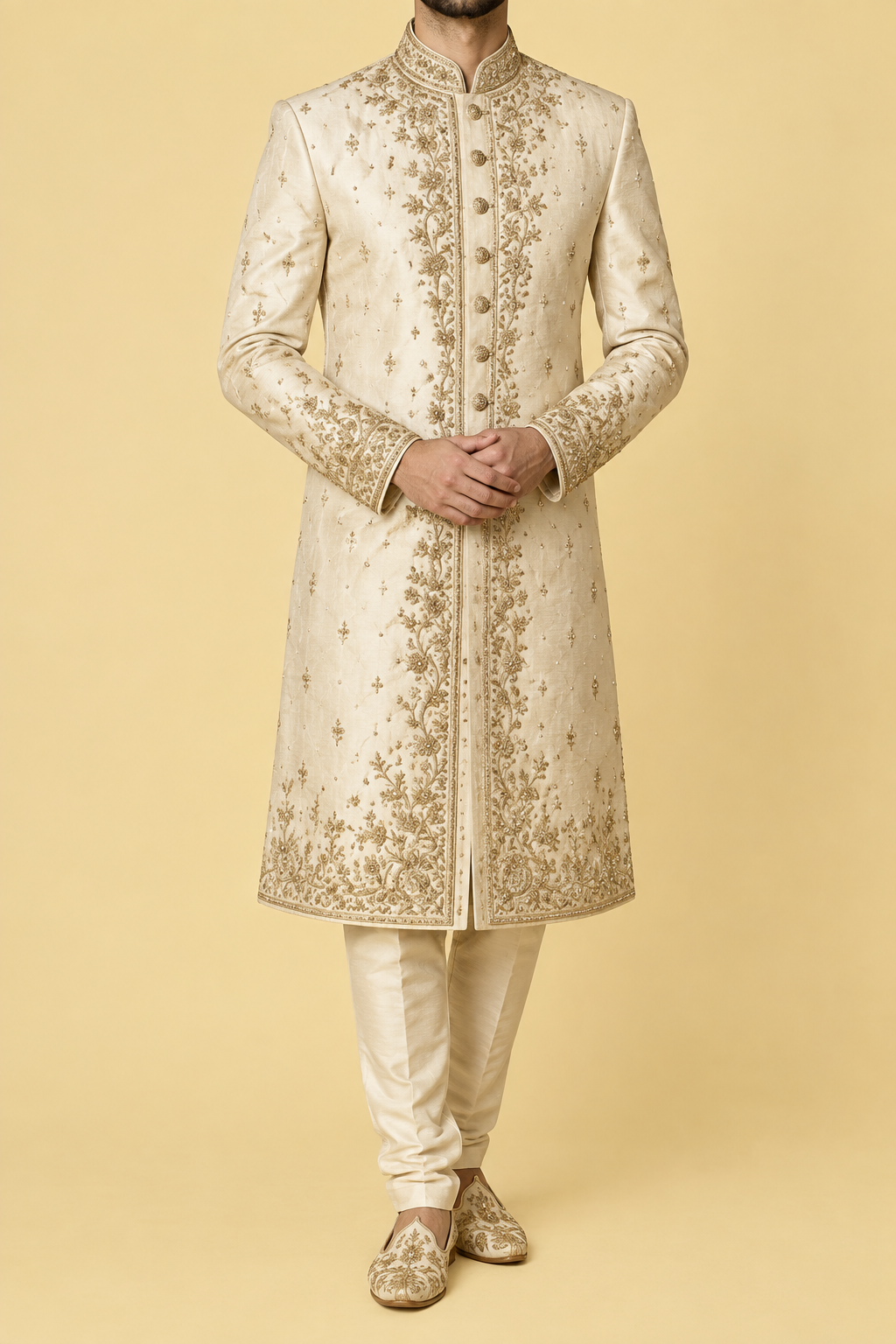 Groom wearing an ivory raw silk sherwani with antique gold zardozi embroidery by HOUSE of KAZI