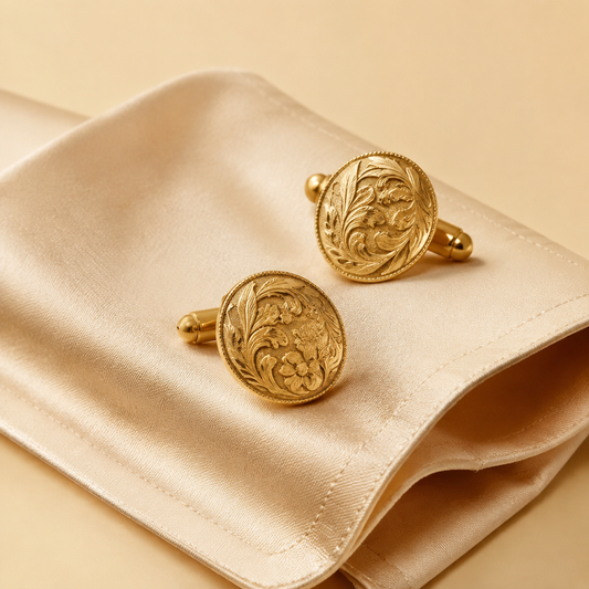 Antique gold engraved cufflinks on an ivory silk cuff by HOUSE of KAZI