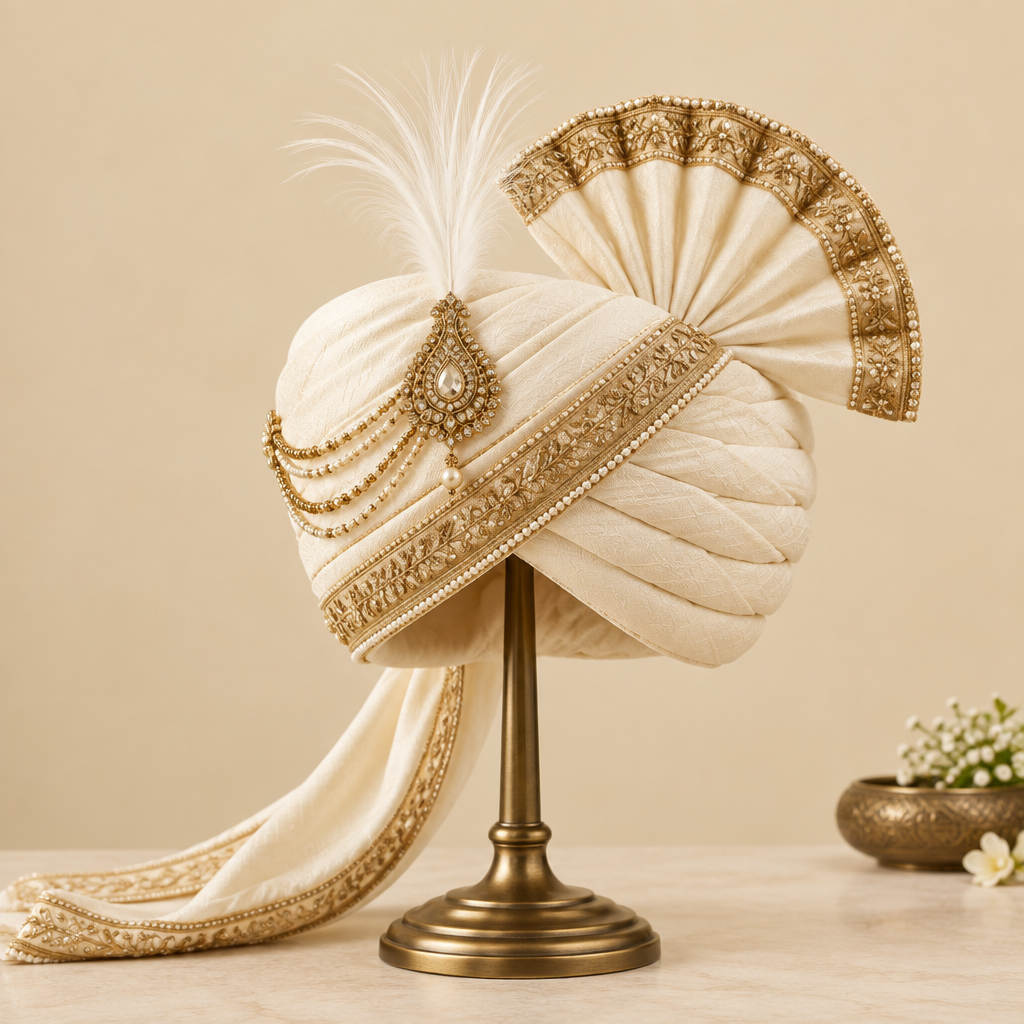 Ivory groom turban kulla with antique gold accents and turra by HOUSE of KAZI