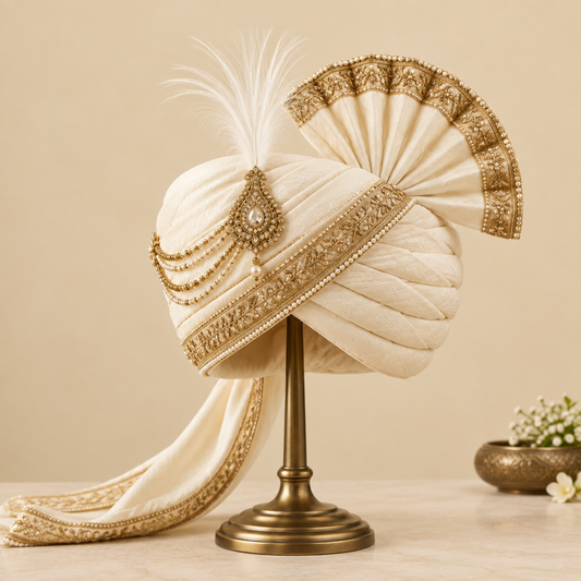 Ivory groom turban kulla with antique gold accents and turra by HOUSE of KAZI